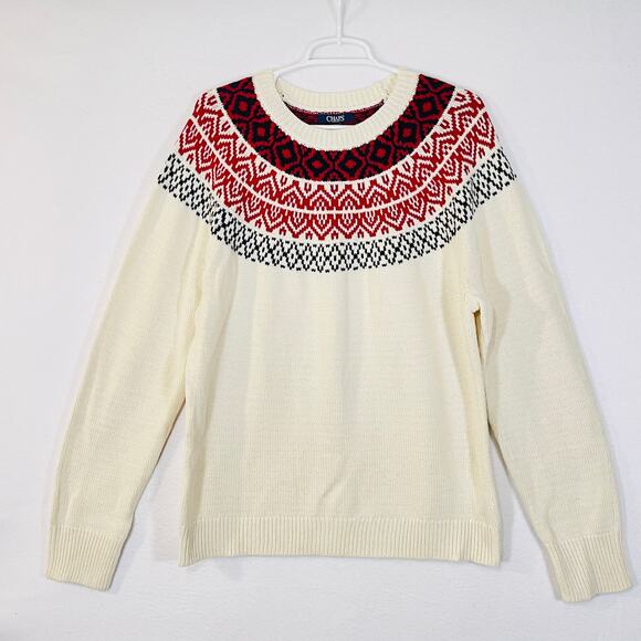 Chaps Christmas Sweater Womens XL Cream Red Fair Isle Long Sleeve Knit Pullover - Picture 2 of 12